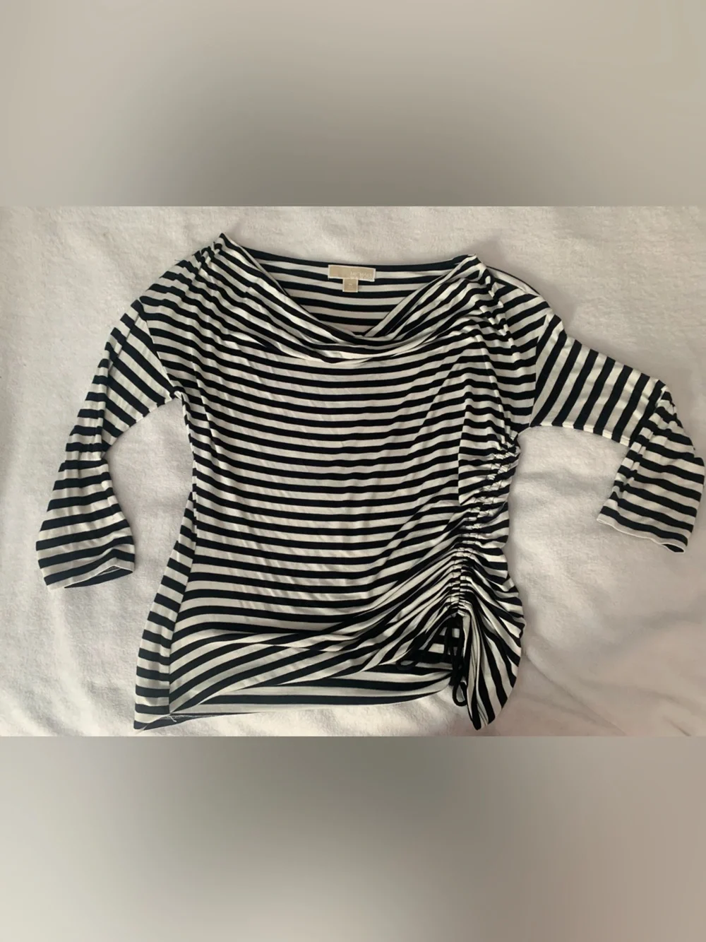 Michael Kors Black and White Striped Ruched Side Boatneck Top Size M